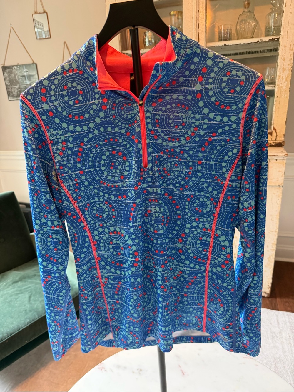 RBX Quarter Zip Athletic Pullover Blue Coral Circle Print Long Sleeve Size L